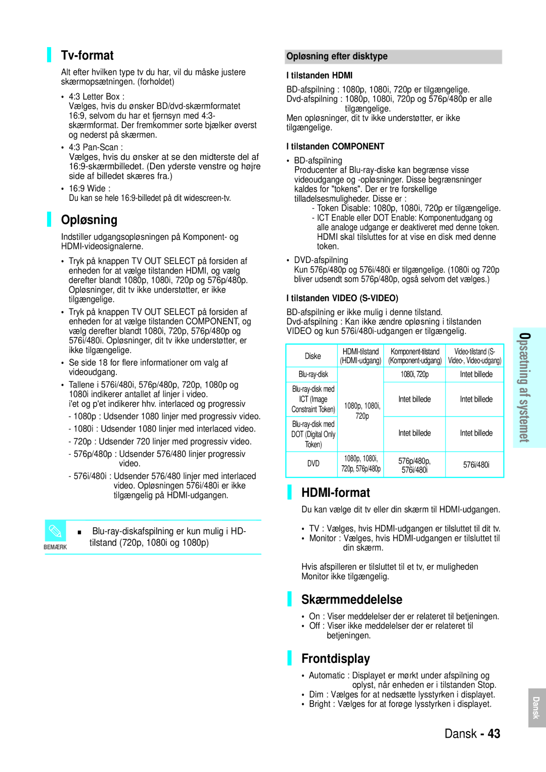 Samsung BD-P1000/XEE manual Tv-format, Opløsning, HDMI-format, Skærmmeddelelse, Frontdisplay 