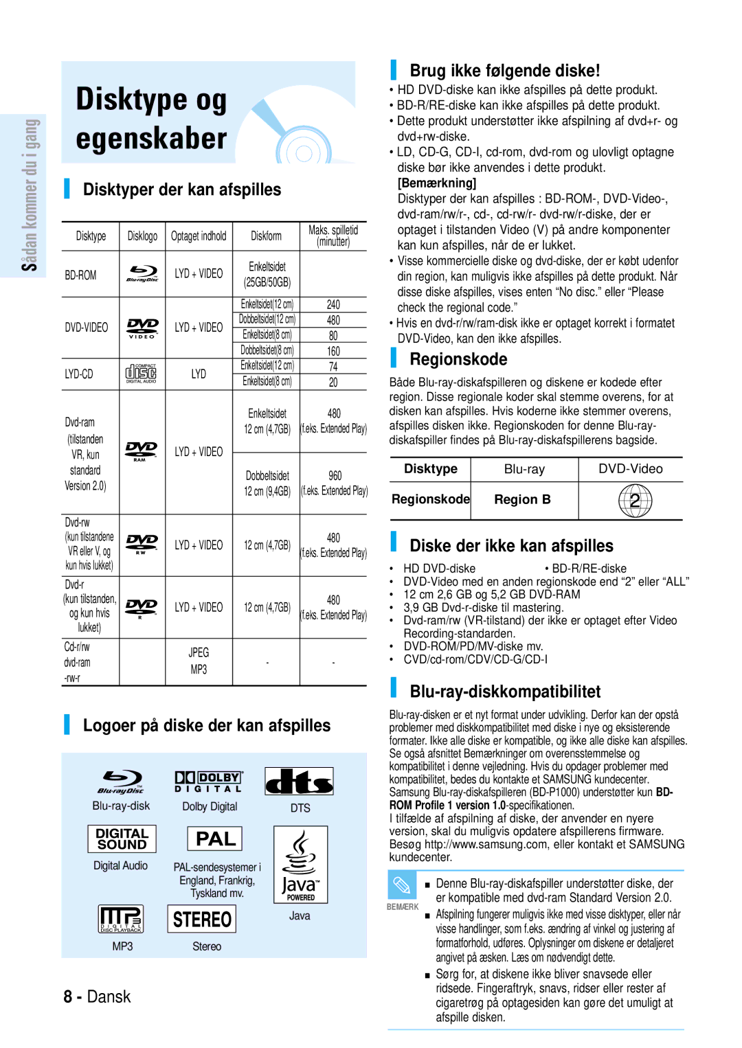 Samsung BD-P1000/XEE Disktyper der kan afspilles, Logoer på diske der kan afspilles, Brug ikke følgende diske, Regionskode 