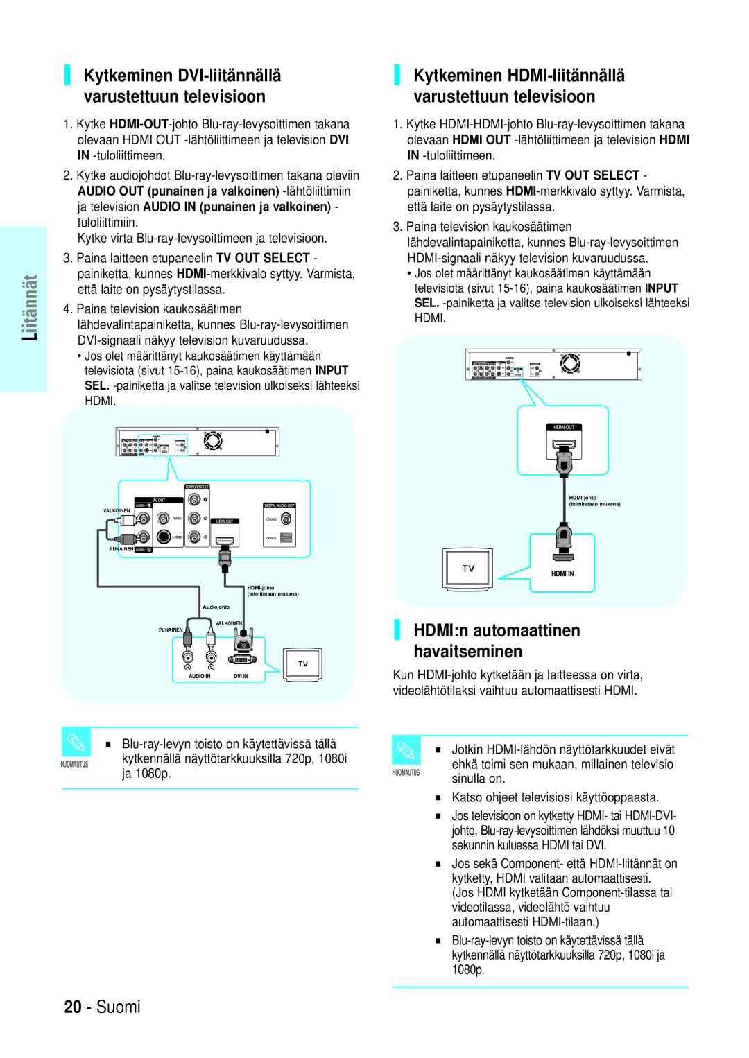 Samsung BD-P1000/XEE manual Kytkeminen DVI-liitännällä varustettuun televisioon, HDMIn automaattinen havaitseminen 