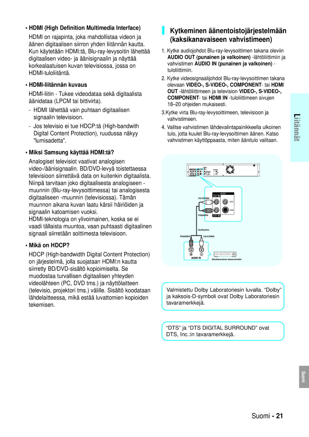 Samsung BD-P1000/XEE manual HDMI-liitännän kuvaus, Miksi Samsung käyttää HDMItä?, Mikä on HDCP? 