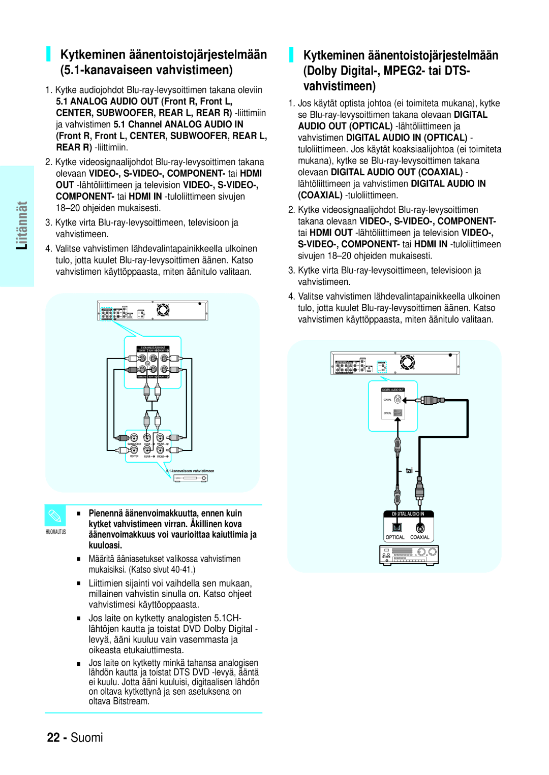 Samsung BD-P1000/XEE manual Kytke audiojohdot Blu-ray-levysoittimen takana oleviin 