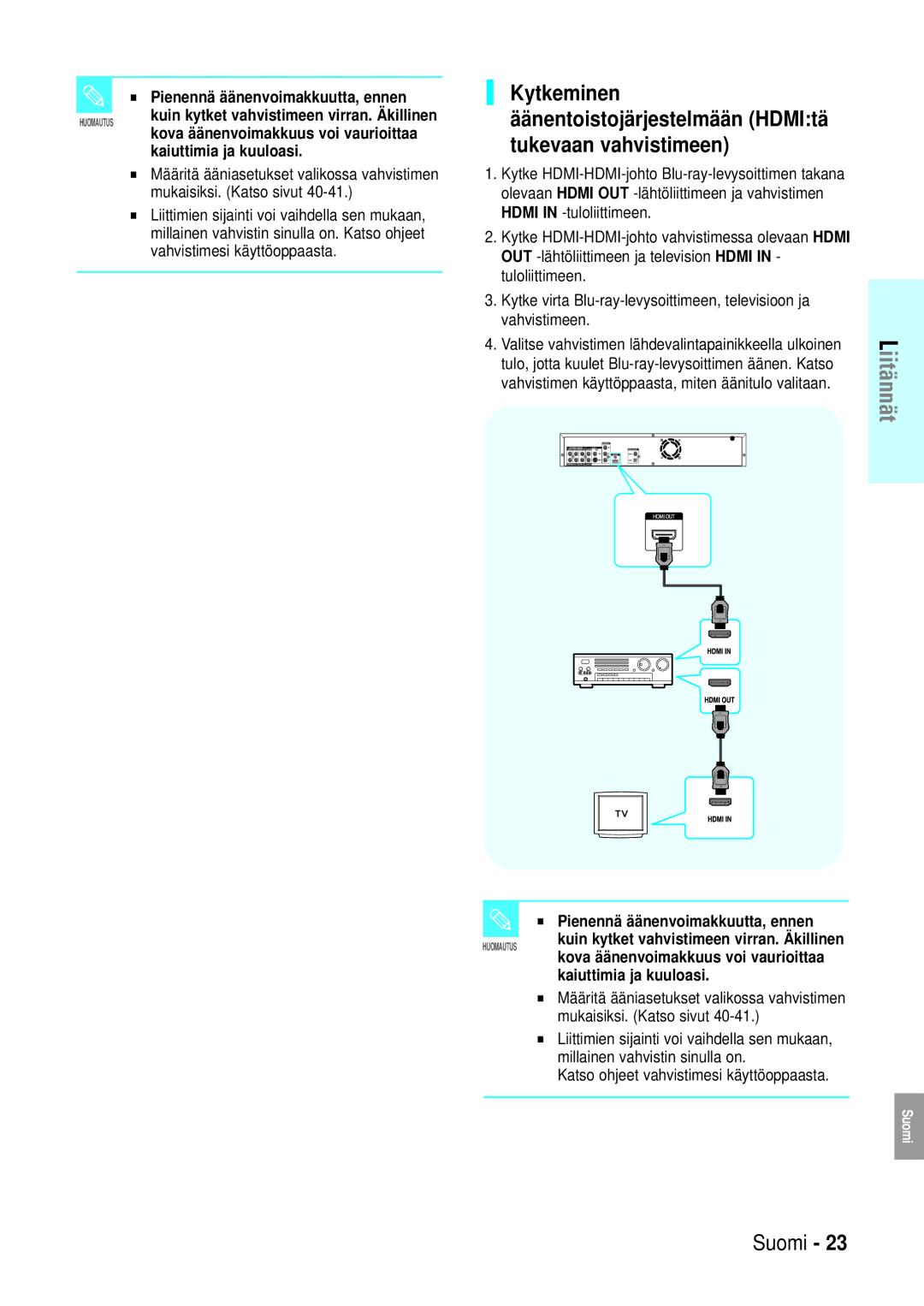 Samsung BD-P1000/XEE manual Pienennä äänenvoimakkuutta, ennen, Kova äänenvoimakkuus voi vaurioittaa, Kaiuttimia ja kuuloasi 