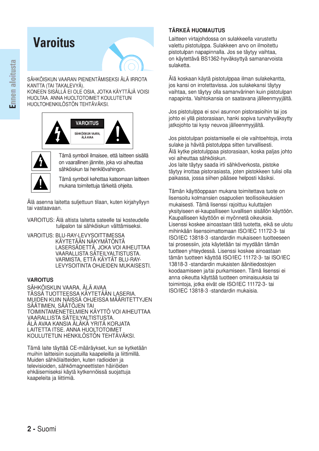 Samsung BD-P1000/XEE manual Varoitus 