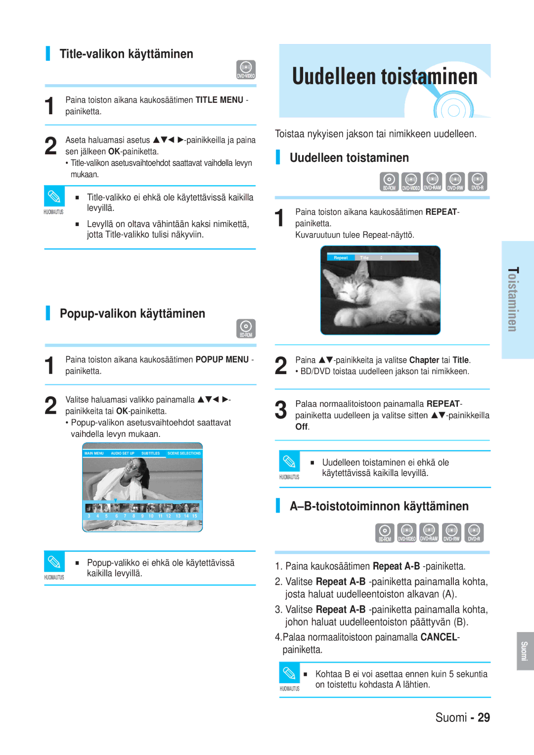 Samsung BD-P1000/XEE manual Title-valikon käyttäminen, Popup-valikon käyttäminen, Uudelleen toistaminen 