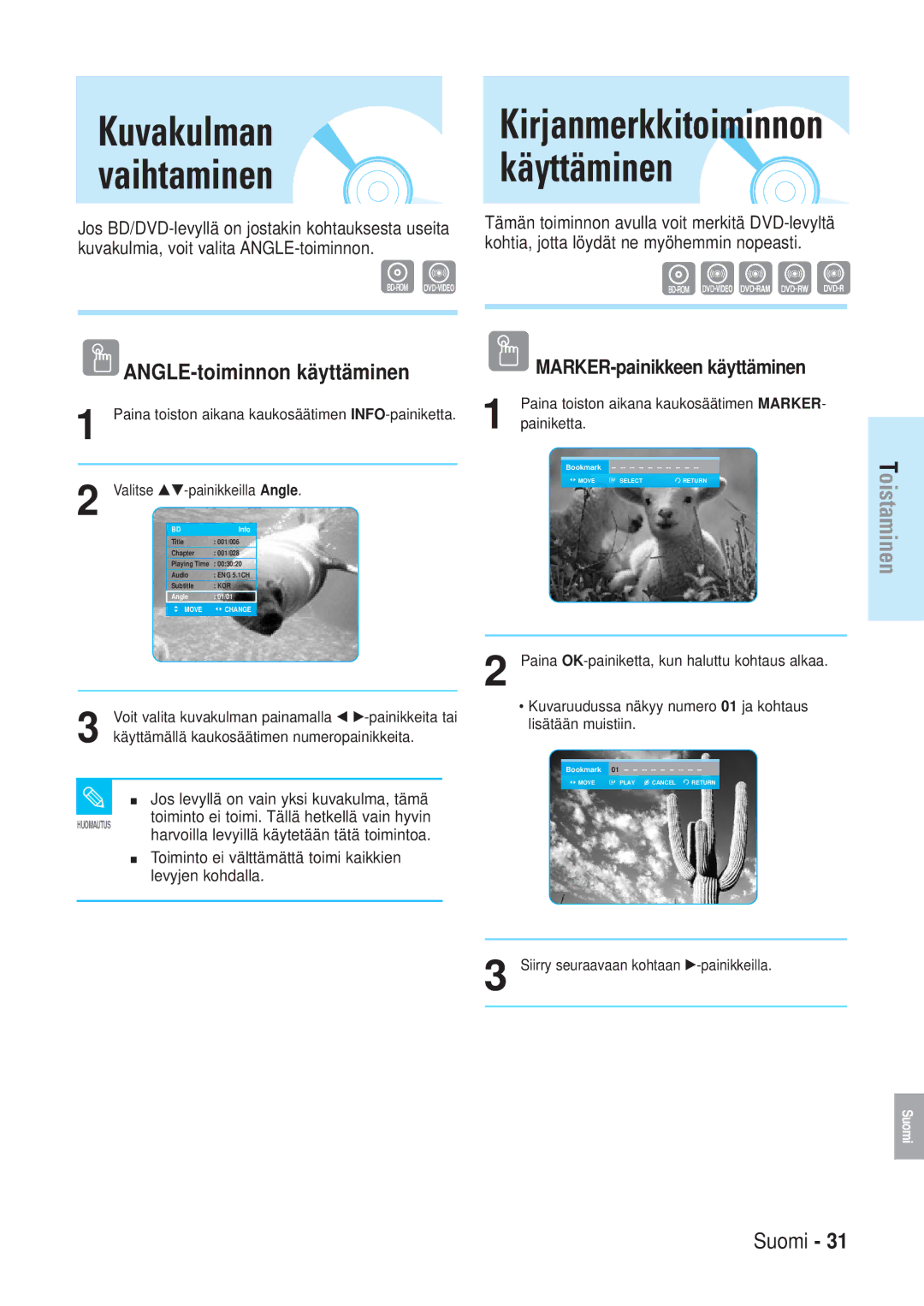 Samsung BD-P1000/XEE manual Kirjanmerkkitoiminnon käyttäminen, Kuvakulman vaihtaminen, ANGLE-toiminnon käyttäminen 