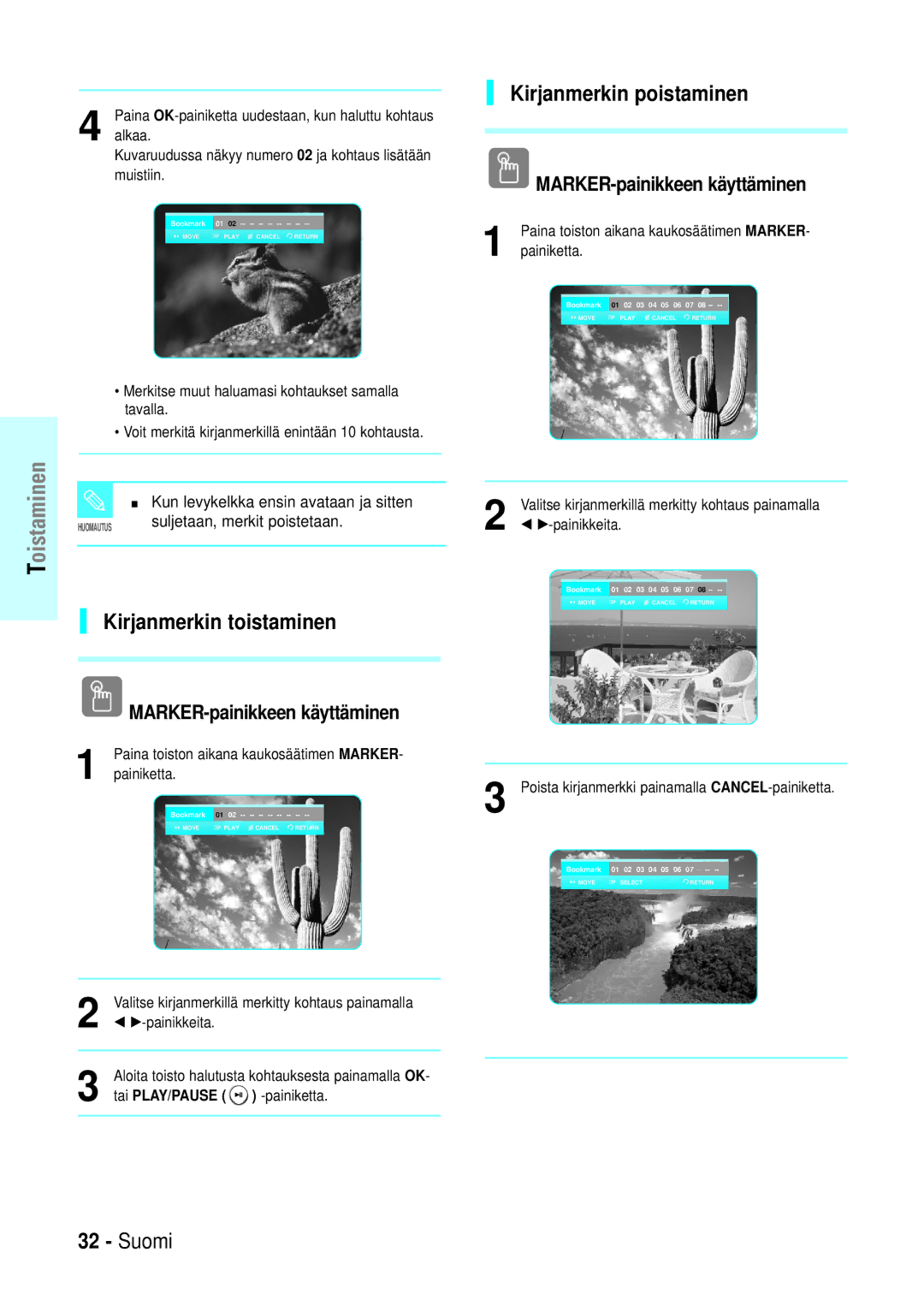 Samsung BD-P1000/XEE manual Kirjanmerkin toistaminen Kirjanmerkin poistaminen, Kun levykelkka ensin avataan ja sitten 