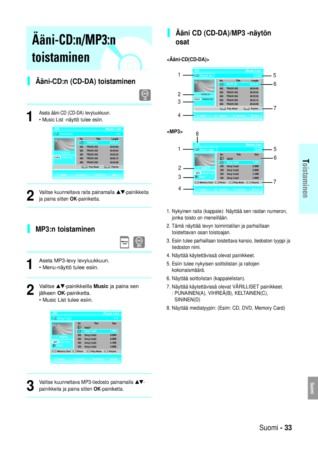 Samsung BD-P1000/XEE manual Ääni-CDn CD-DA toistaminen, MP3n toistaminen, Ääni CD CD-DA/MP3 -näytön osat 