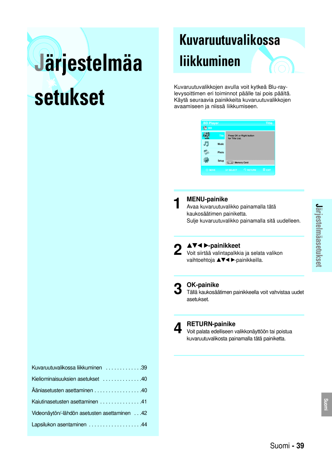 Samsung BD-P1000/XEE manual MENU-painike, …†œ √-painikkeet, OK-painike, RETURN-painike, BD Player 