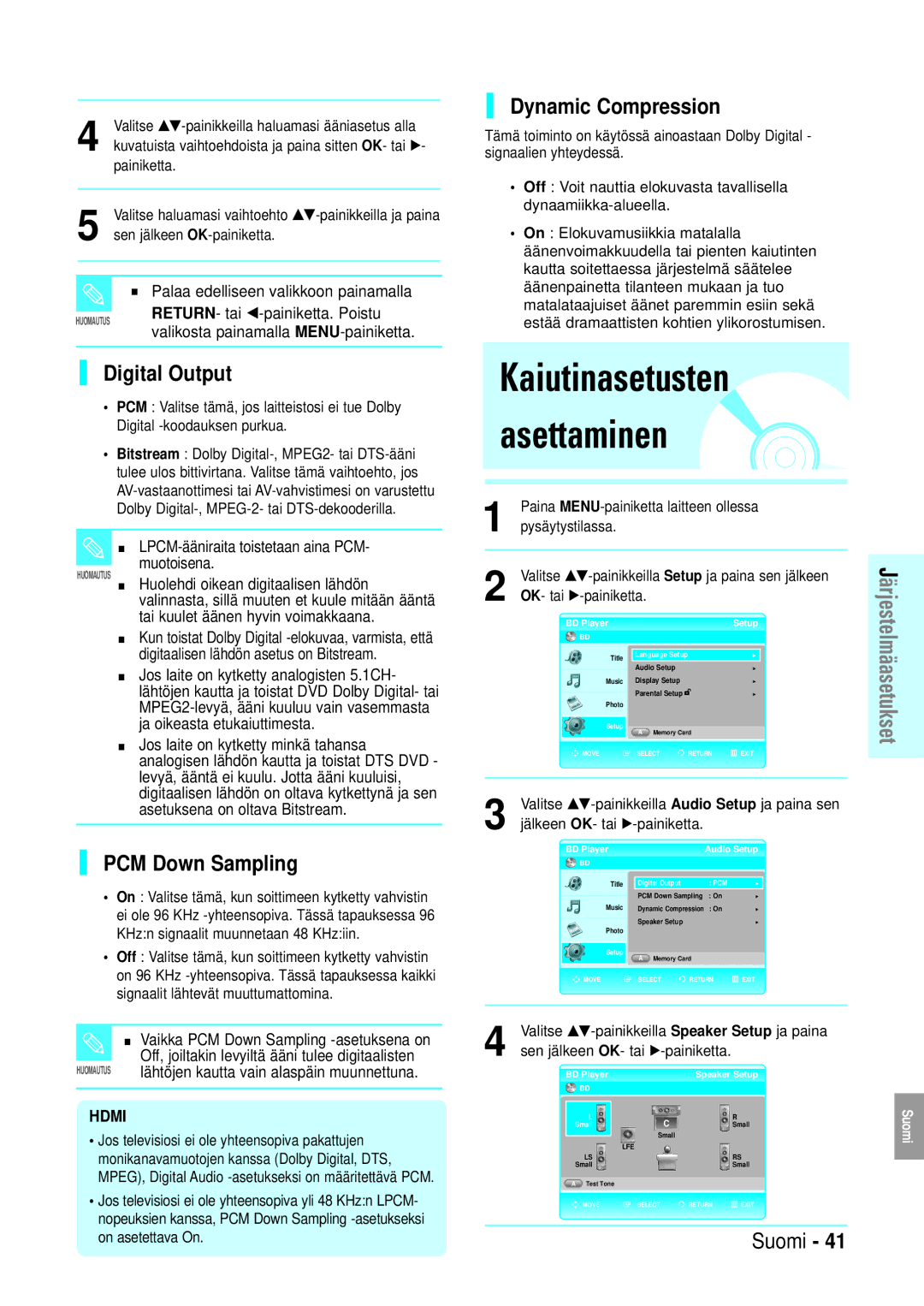 Samsung BD-P1000/XEE manual Kaiutinasetusten asettaminen, Dynamic Compression, Digital Output, PCM Down Sampling 