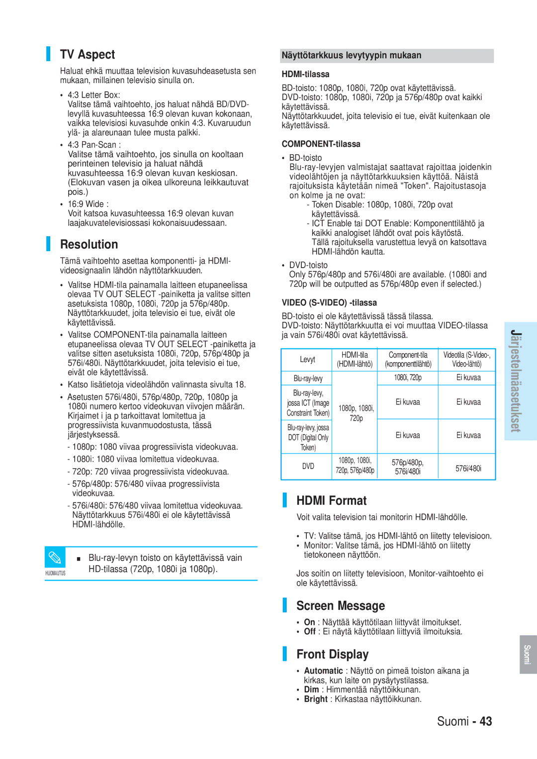 Samsung BD-P1000/XEE manual TV Aspect, Resolution, Hdmi Format, Screen Message, Front Display 