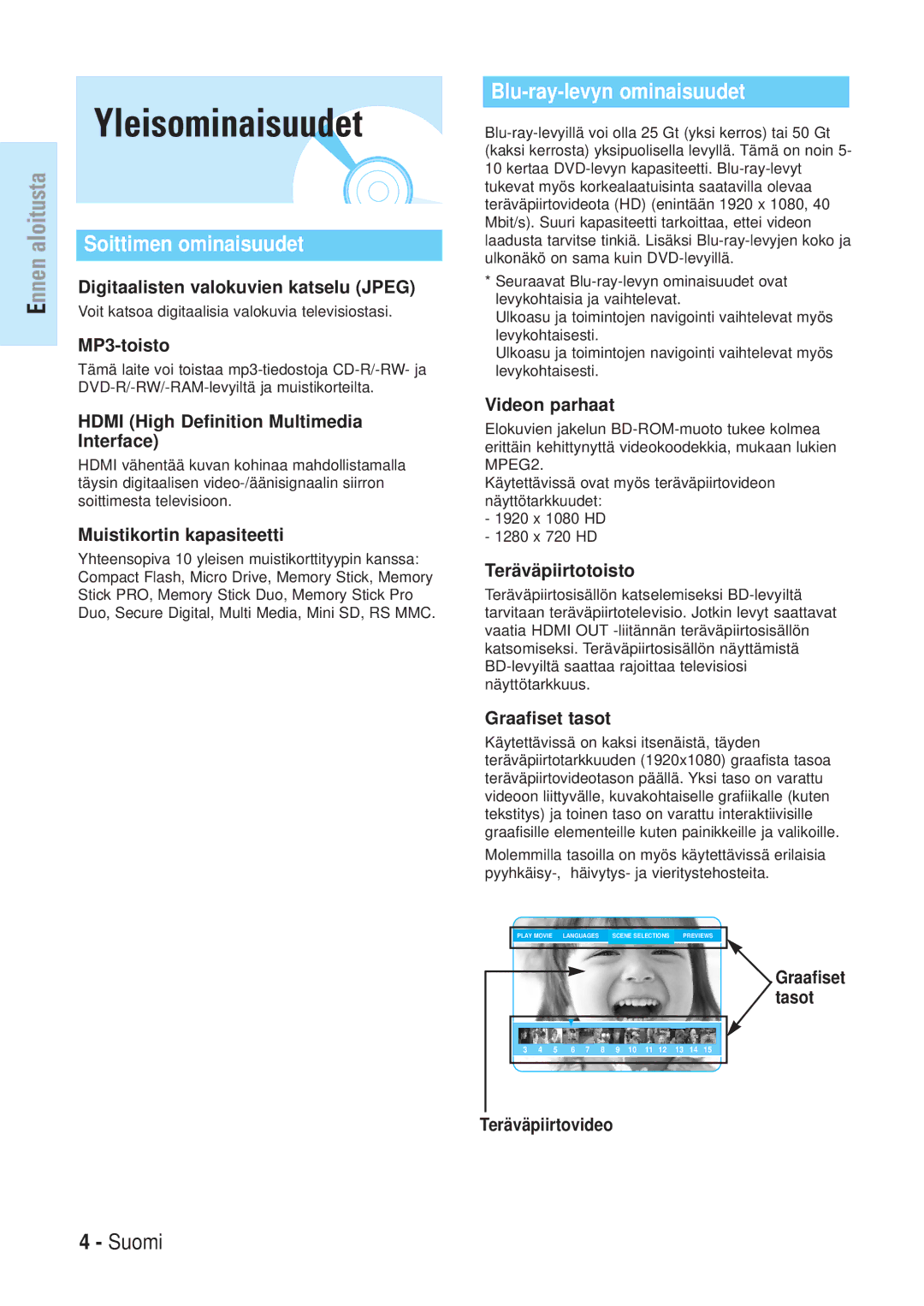 Samsung BD-P1000/XEE manual Yleisominaisuudet 