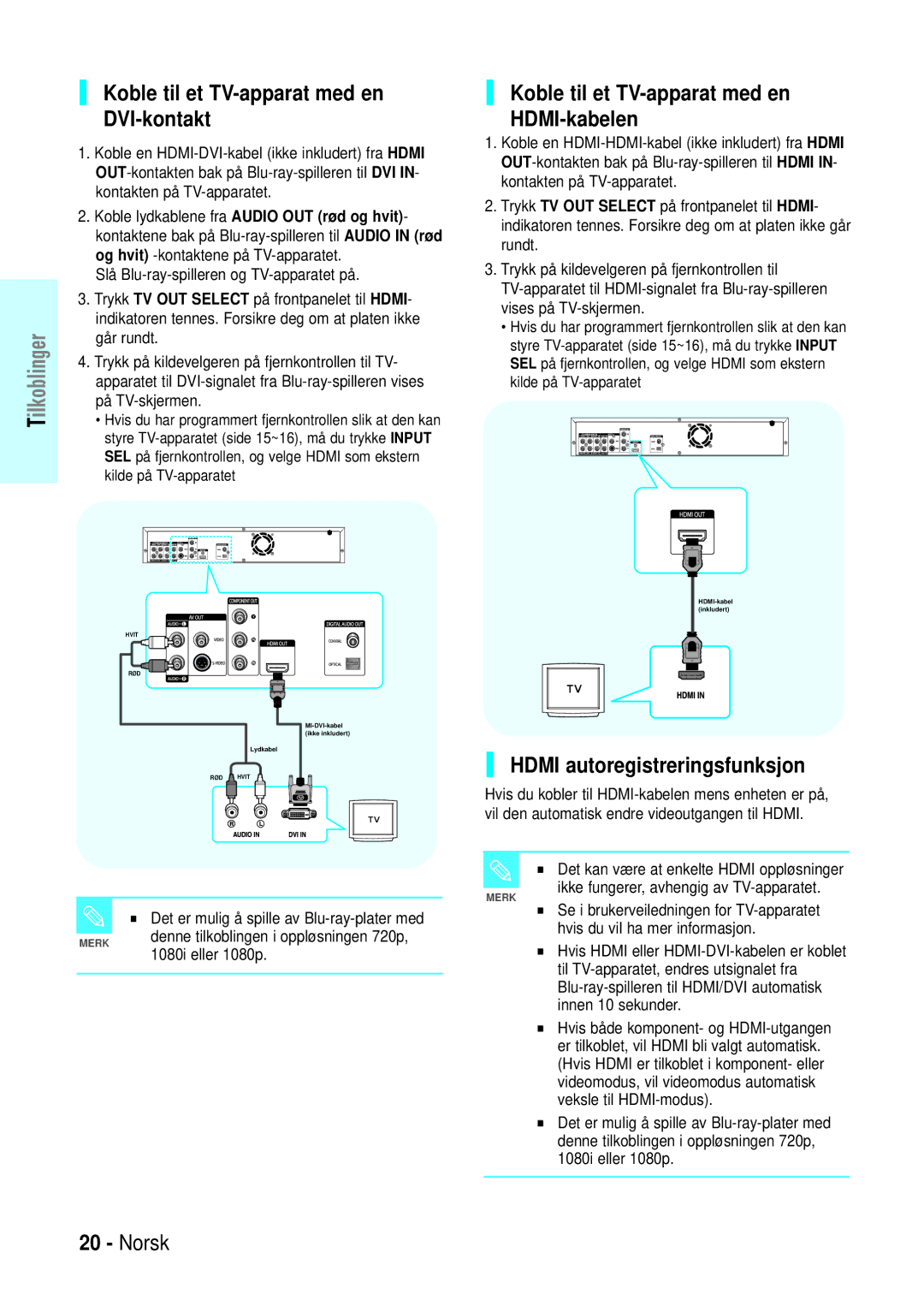 Samsung BD-P1000/XEE manual Koble til et TV-apparat med en, DVI-kontakt, Hdmi autoregistreringsfunksjon 