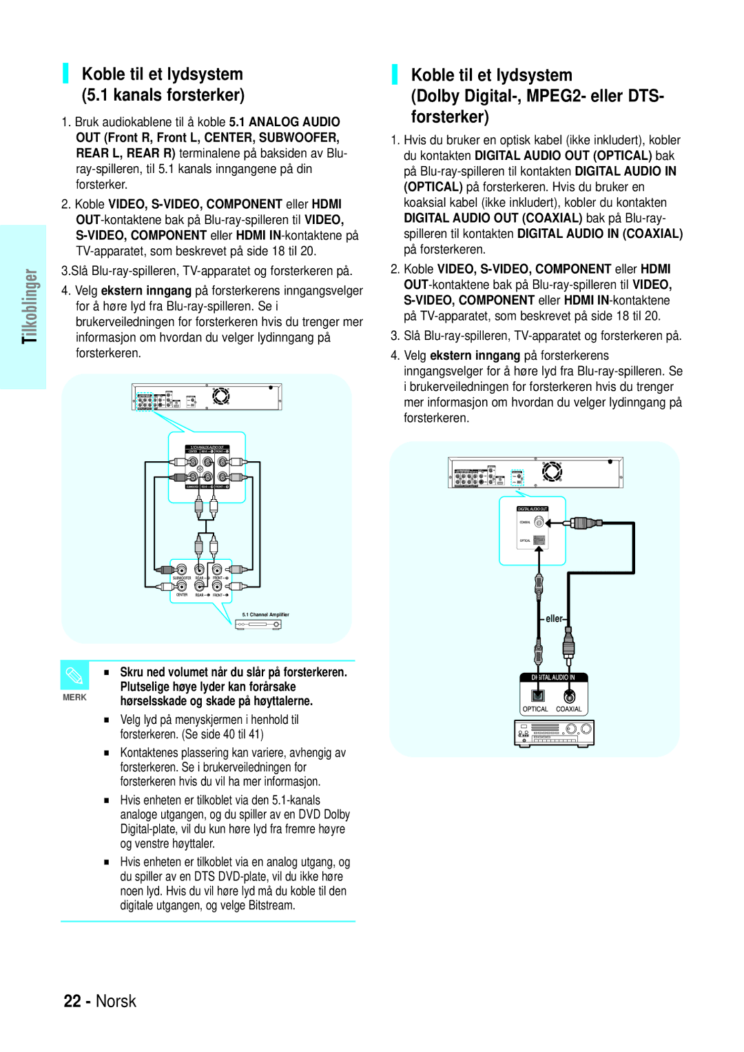 Samsung BD-P1000/XEE manual Koble til et lydsystem 5.1 kanals forsterker, Bruk audiokablene til å koble 5.1 Analog Audio 