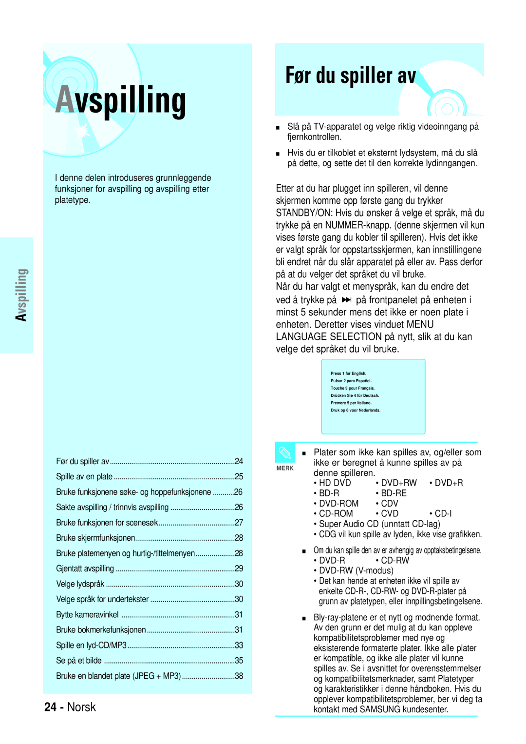 Samsung BD-P1000/XEE manual Før du spiller av, Bd-R Bd-Re, Cd-I, Dvd-R, DVD-RW V-modus 