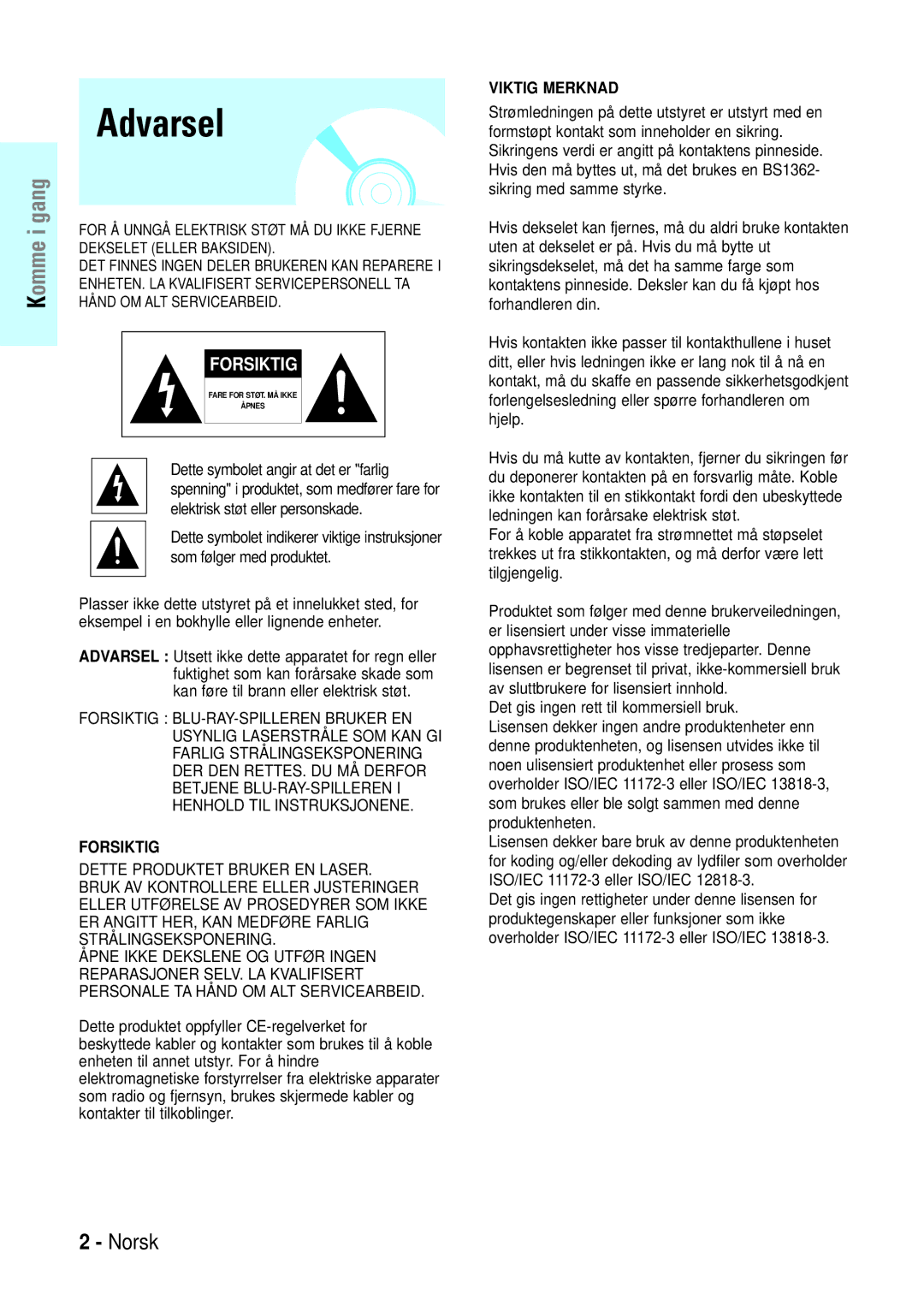 Samsung BD-P1000/XEE manual Komme i gang 