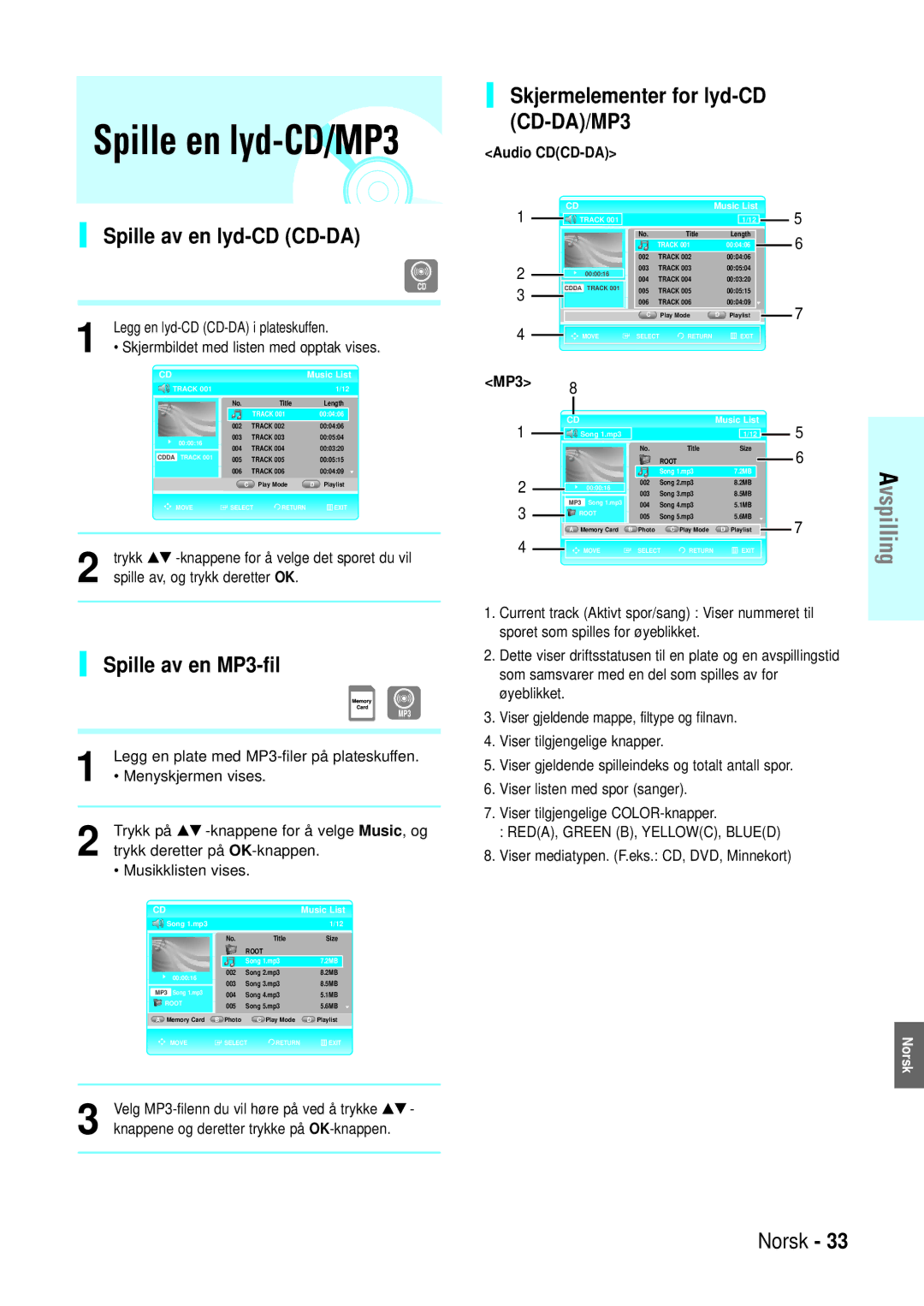 Samsung BD-P1000/XEE manual Spille av en lyd-CD CD-DA, Skjermelementer for lyd-CD CD-DA/MP3, Spille av en MP3-fil 