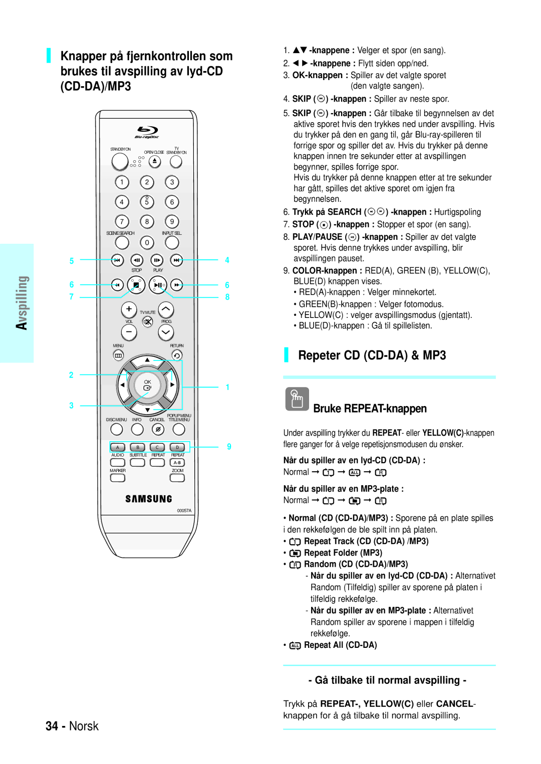 Samsung BD-P1000/XEE manual Repeter CD CD-DA & MP3, Bruke REPEAT-knappen, Gå tilbake til normal avspilling 