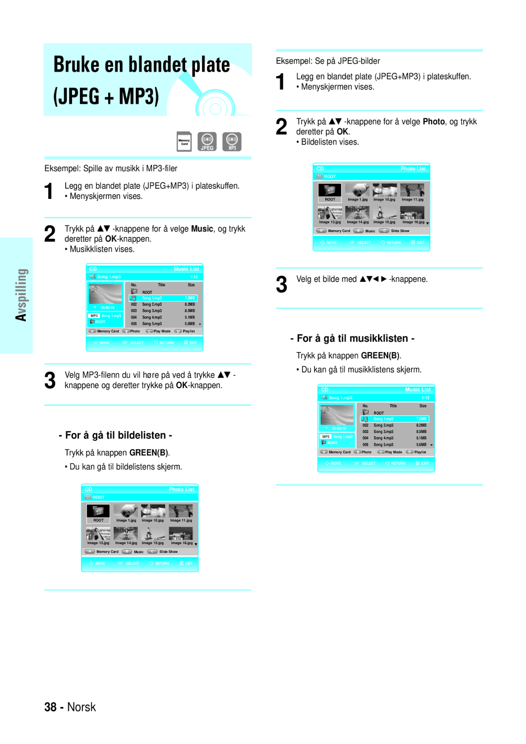 Samsung BD-P1000/XEE manual For å gå til bildelisten, For å gå til musikklisten, Deretter på OK Bildelisten vises 