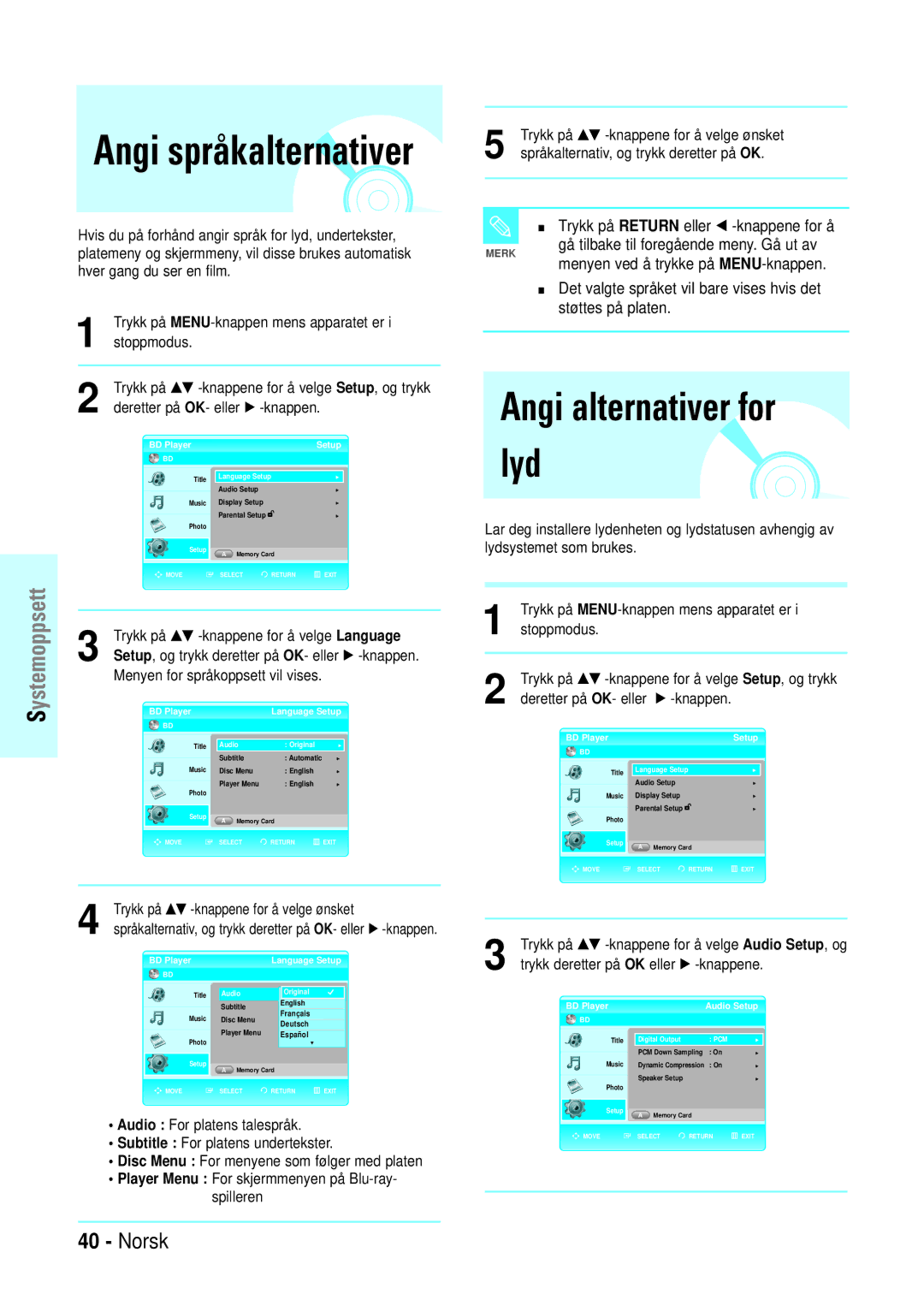 Samsung BD-P1000/XEE manual Trykk på Return eller œ -knappene for å, Trykk deretter på OK eller √ -knappene 