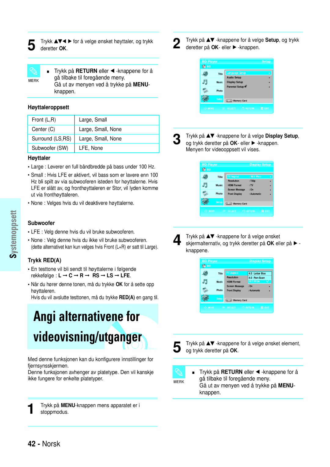 Samsung BD-P1000/XEE manual Høyttaleroppsett, Subwoofer, Trykk Reda 