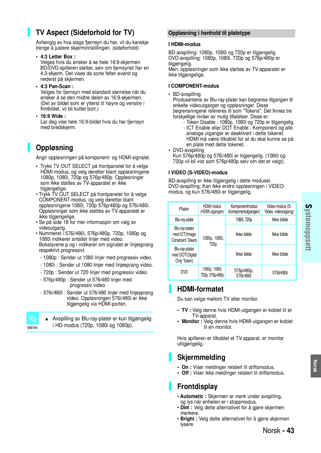 Samsung BD-P1000/XEE manual TV Aspect Sideforhold for TV, Oppløsning, HDMI-formatet, Skjermmelding, Frontdisplay 