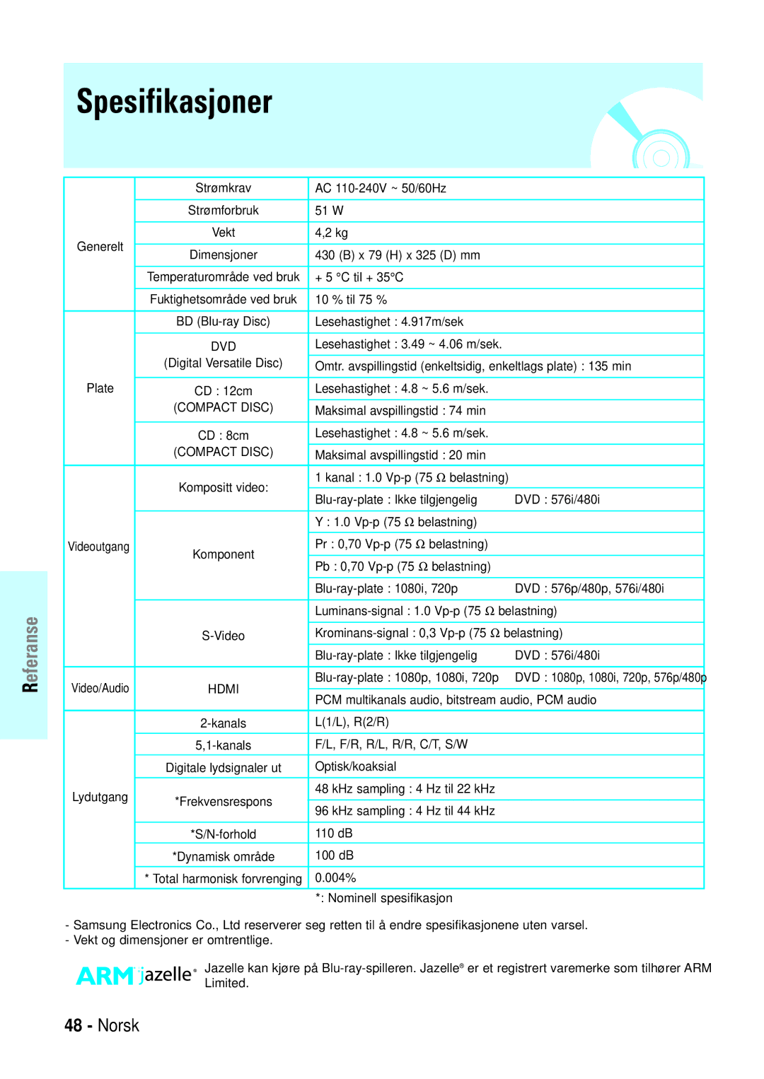 Samsung BD-P1000/XEE manual Spesifikasjoner, Strømkrav AC 110-240V ~ 50/60Hz Strømforbruk 51 W Generelt 