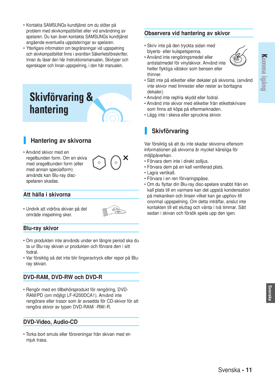 Samsung BD-P1000/XEE manual Hantering av skivorna, Skivförvaring 