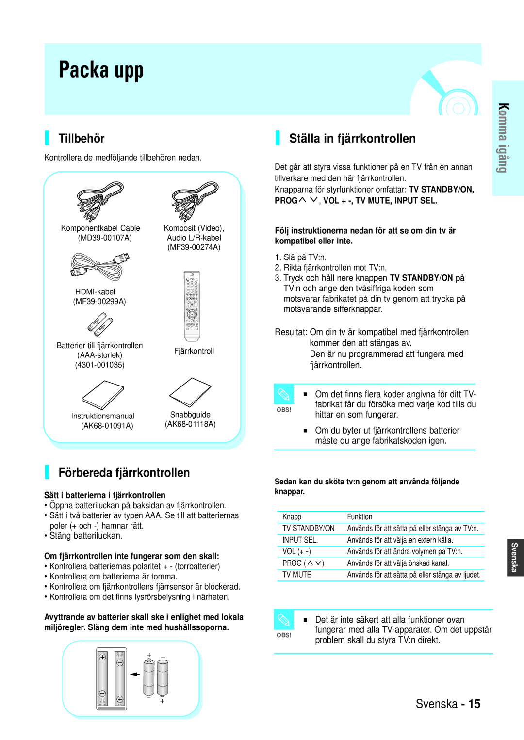 Samsung BD-P1000/XEE manual Packa upp, Tillbehör, Ställa in fjärrkontrollen, Förbereda fjärrkontrollen 