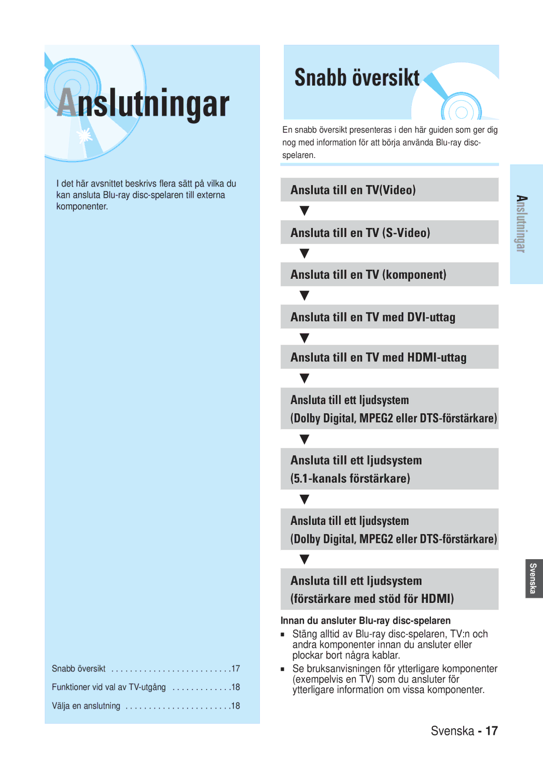 Samsung BD-P1000/XEE manual Anslutningar, Snabb översikt 