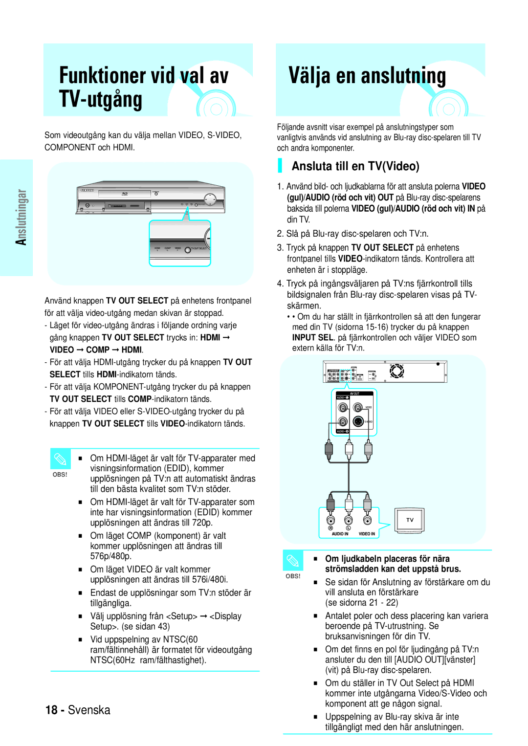 Samsung BD-P1000/XEE manual TV-utgång, Välja en anslutning, Ansluta till en TVVideo 