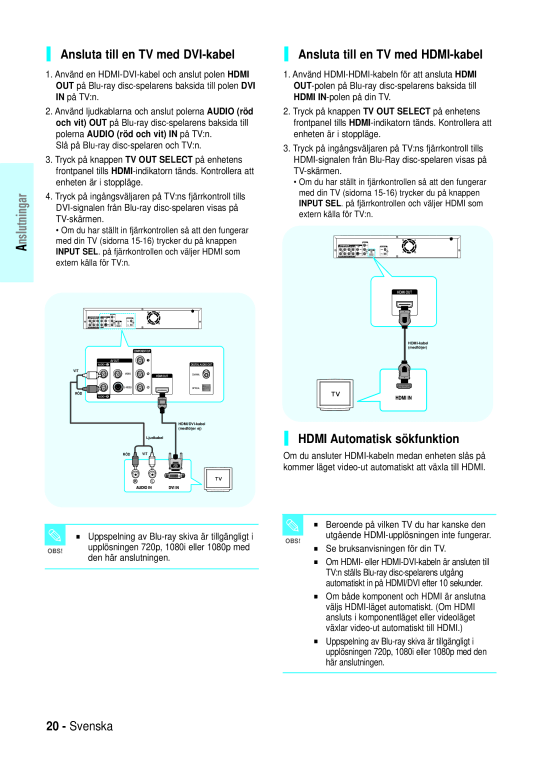 Samsung BD-P1000/XEE manual Ansluta till en TV med DVI-kabel, Hdmi Automatisk sökfunktion 