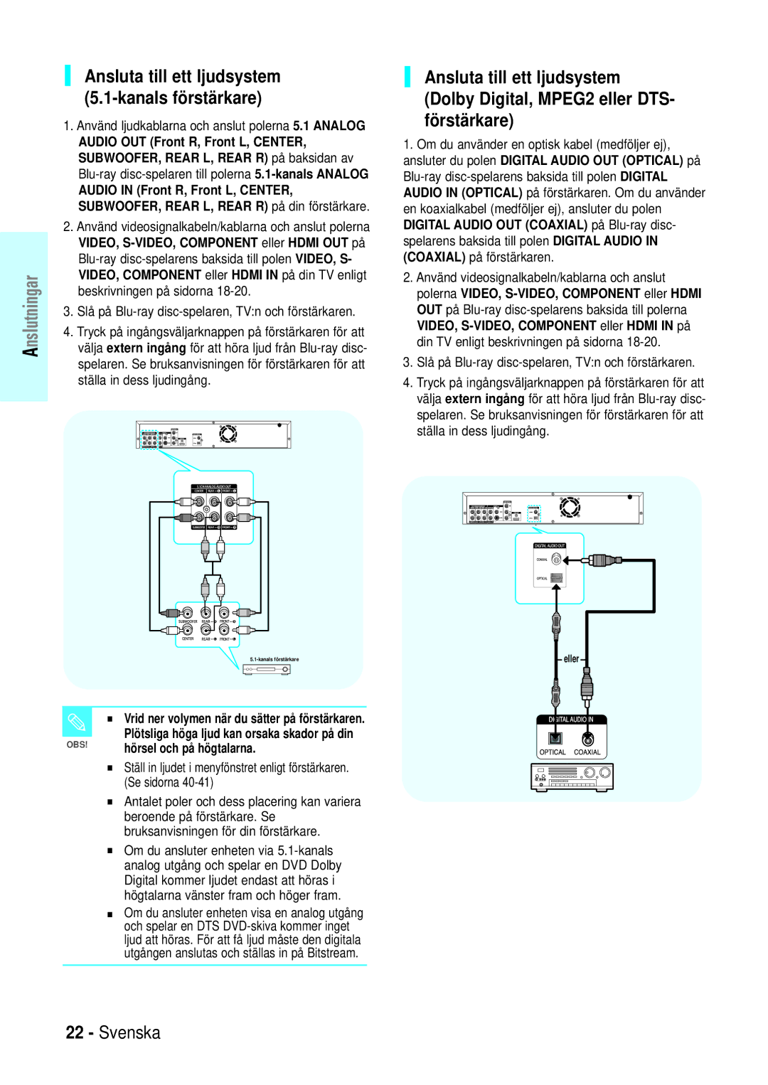 Samsung BD-P1000/XEE Ansluta till ett ljudsystem 5.1-kanals förstärkare, Använd ljudkablarna och anslut polerna 5.1 Analog 