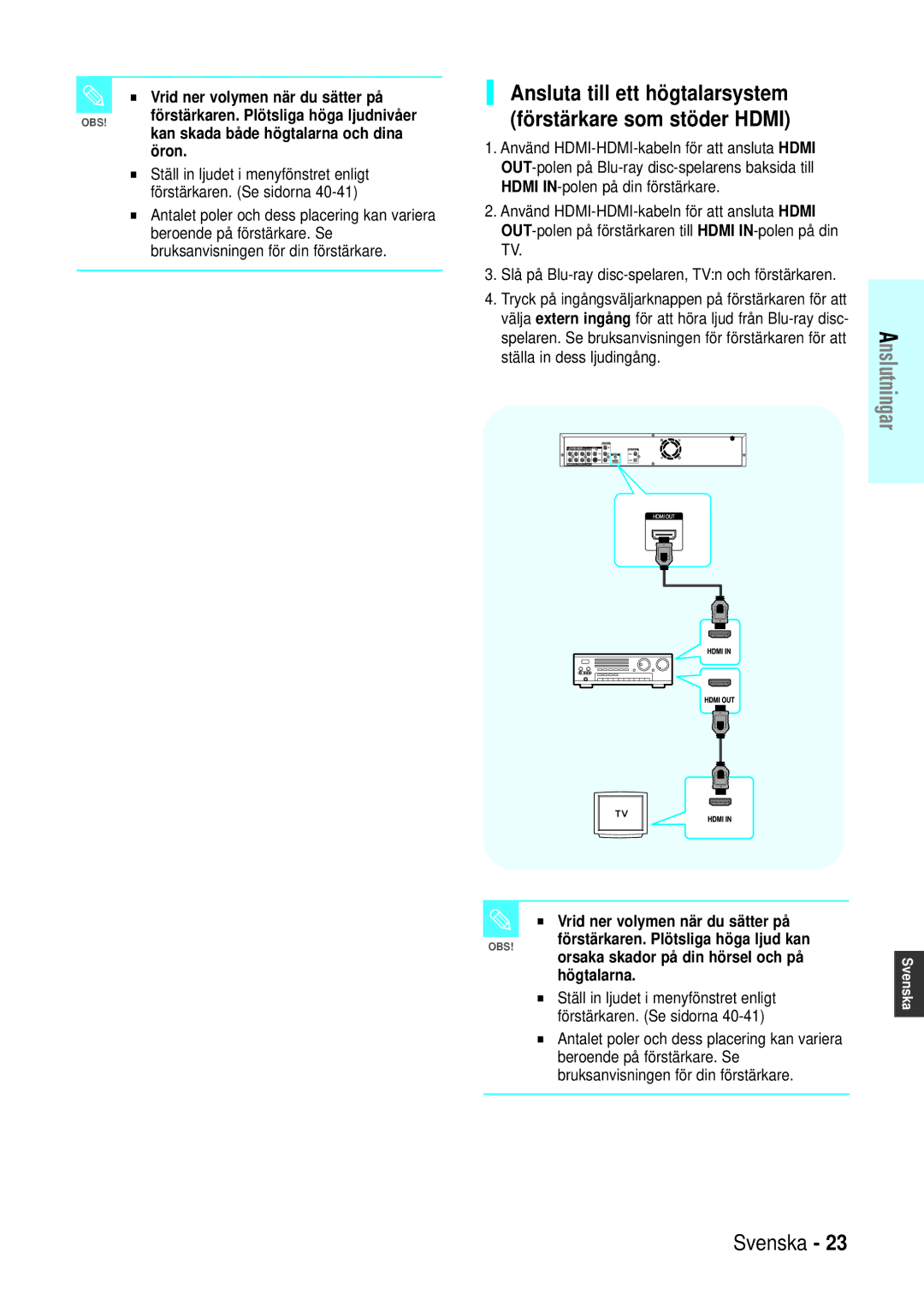 Samsung BD-P1000/XEE manual Ansluta till ett högtalarsystem förstärkare som stöder Hdmi, Öron 