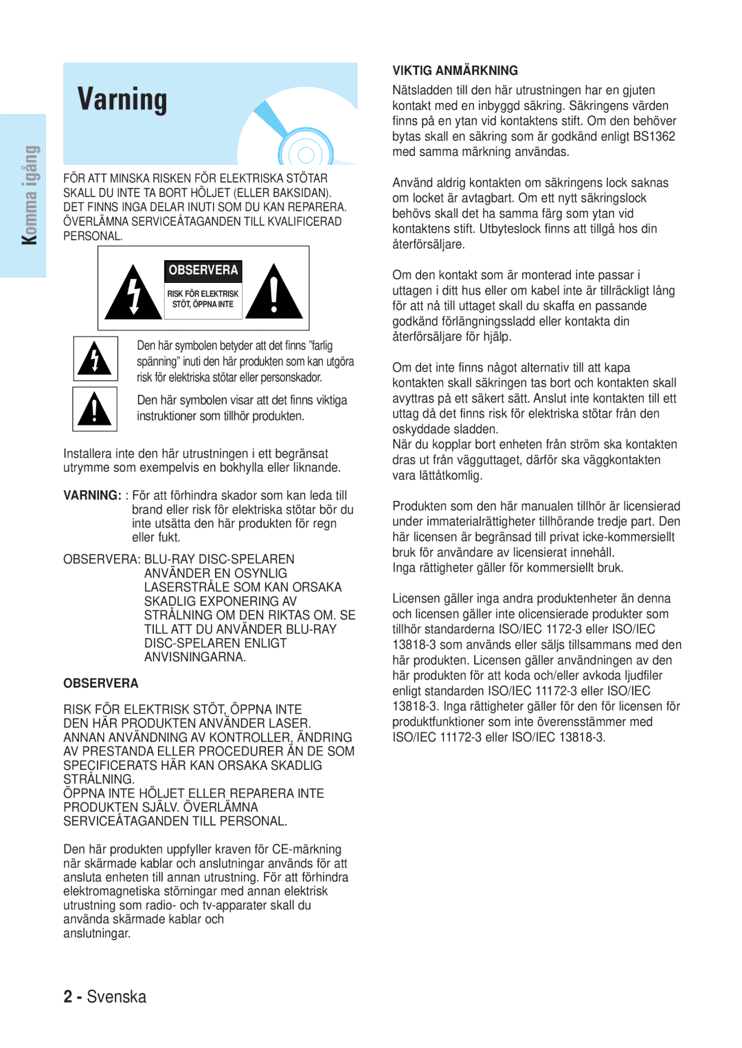 Samsung BD-P1000/XEE manual Varning, Anslutningar, Inga rättigheter gäller för kommersiellt bruk 