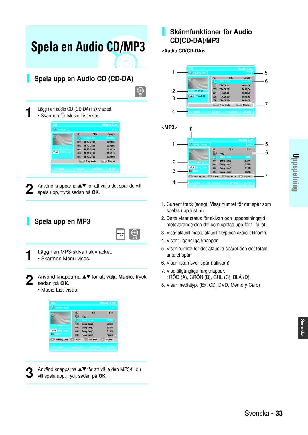 Samsung BD-P1000/XEE manual Spela upp en Audio CD CD-DA, Spela upp en MP3, Skärmfunktioner för Audio 