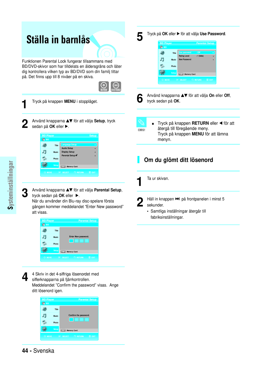Samsung BD-P1000/XEE manual Ställa in barnlås, Om du glömt ditt lösenord, BD Player Setup, Parental Setup 