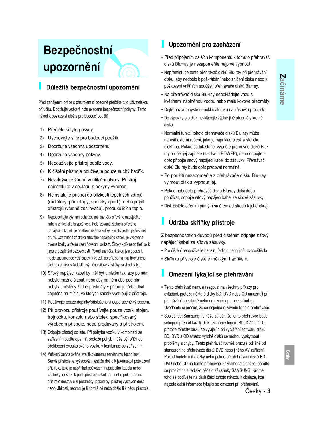 Samsung BD-P1000/XEN, BD-P1000/XEG Bezpeãnostní Upozornûní, DÛleÏitá bezpeãnostní upozornûní, Upozornûní pro zacházení 