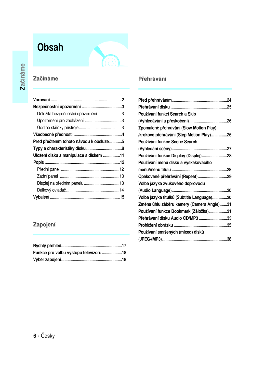 Samsung BD-P1000/XEO, BD-P1000/XEG, BD-P1000/XET, BD-P1000/XEN, BD-P1000/XEL, BD-P1000/XEH manual Obsah 