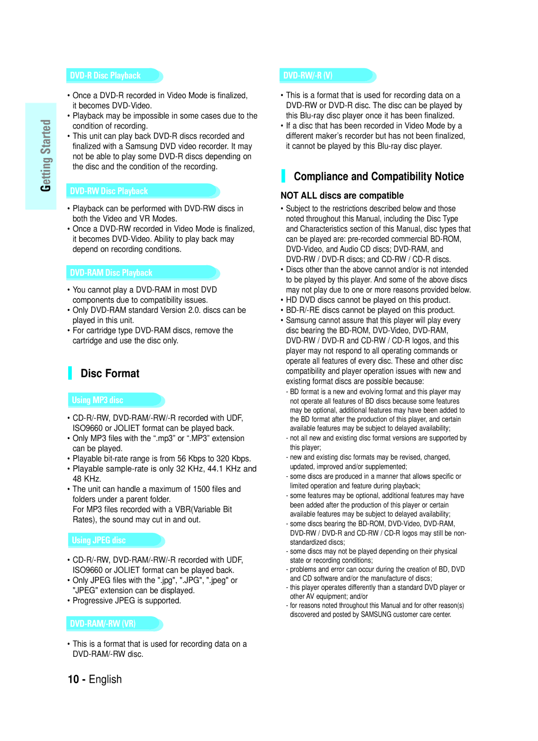 Samsung BD-P1000/XEO, BD-P1000/XEG, BD-P1000/XET, BD-P1000/XEN, BD-P1000/XEL Disc Format, Compliance and Compatibility Notice 