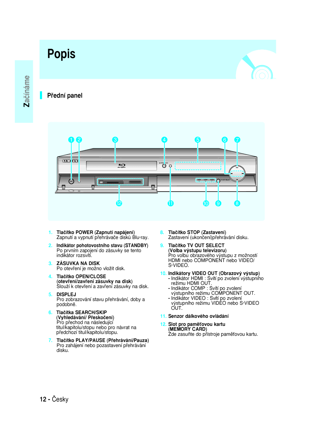 Samsung BD-P1000/XEO, BD-P1000/XEG, BD-P1000/XET, BD-P1000/XEN, BD-P1000/XEL, BD-P1000/XEH manual Popis, Pﬁední panel, 12 âesky 