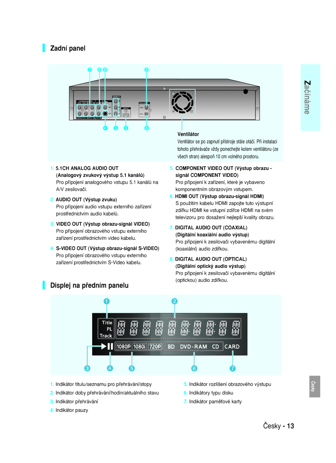 Samsung BD-P1000/XEG manual Zadní panel, Displej na pﬁedním panelu, Ventilátor, ‰ech stran alespoÀ 10 cm volného prostoru 