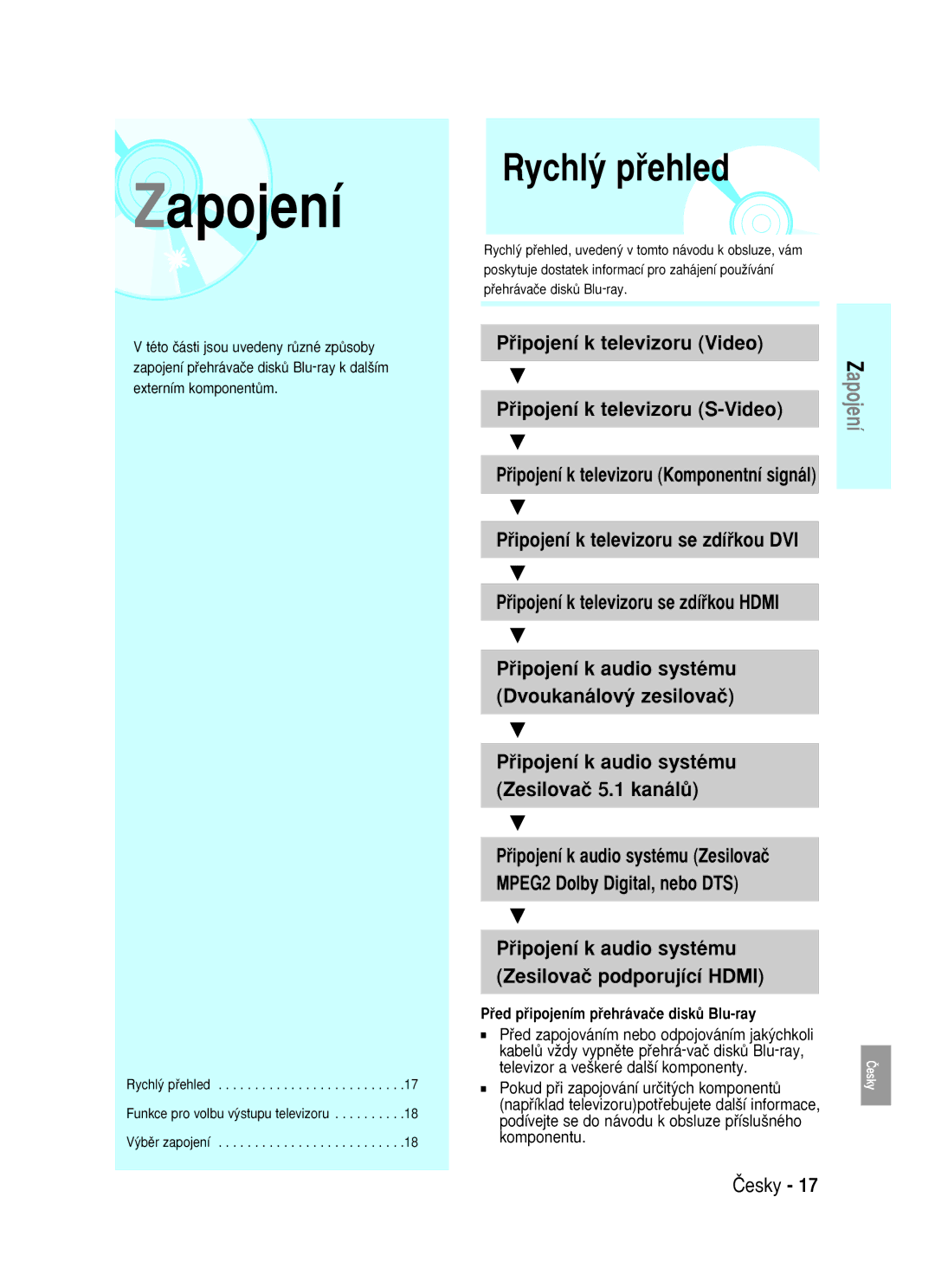 Samsung BD-P1000/XEH, BD-P1000/XEG manual Rychl˘ pﬁehled, Pﬁipojení k televizoru Video Pﬁipojení k televizoru S-Video 