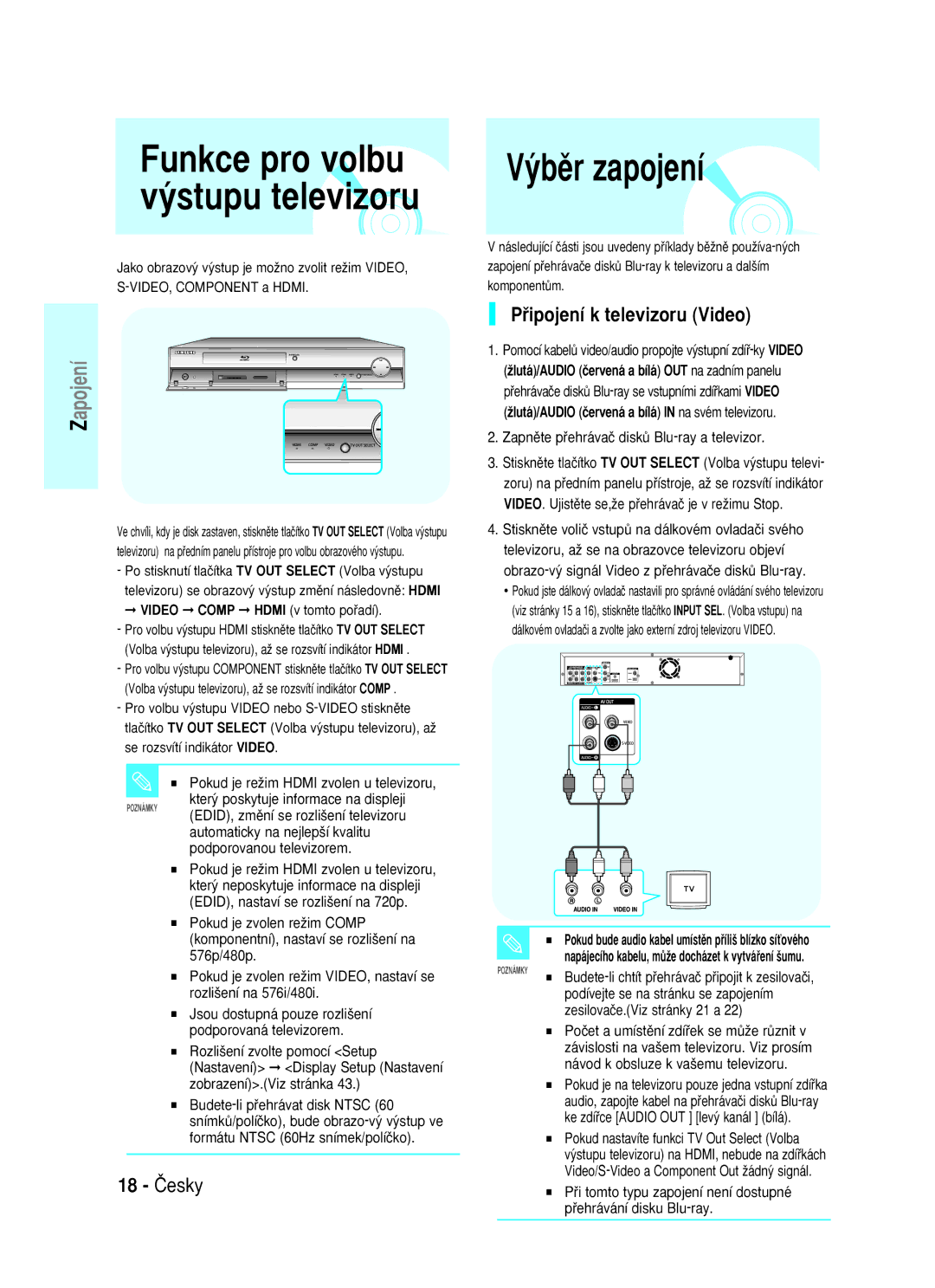 Samsung BD-P1000/XEO, BD-P1000/XEG, BD-P1000/XET, BD-P1000/XEN manual ˘bûr zapojení, Pﬁipojení k televizoru Video, 18 âesky 