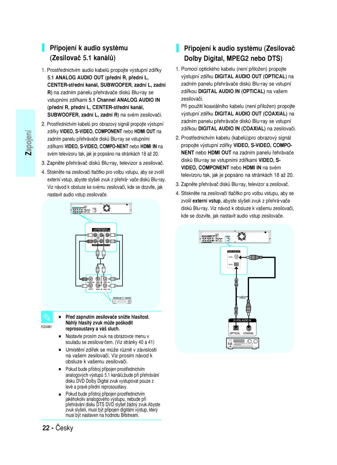 Samsung BD-P1000/XEL, BD-P1000/XEG, BD-P1000/XET, BD-P1000/XEN manual 22 âesky, Pﬁipojení k audio systému Zesilovaã 5.1 kanálÛ 