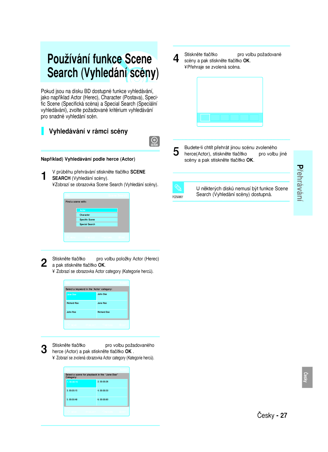 Samsung BD-P1000/XEN, BD-P1000/XEG, BD-P1000/XET PouÏívání funkce Scene Search Vyhledání scény, Vyhledávání v rámci scény 