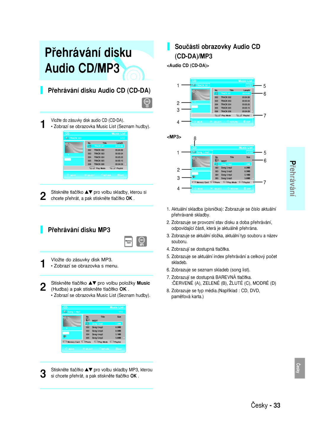 Samsung BD-P1000/XEN, BD-P1000/XEG Audio CD/MP3, Souãásti obrazovky Audio CD CD-DA/MP3, Pﬁehrávání disku Audio CD CD-DA 