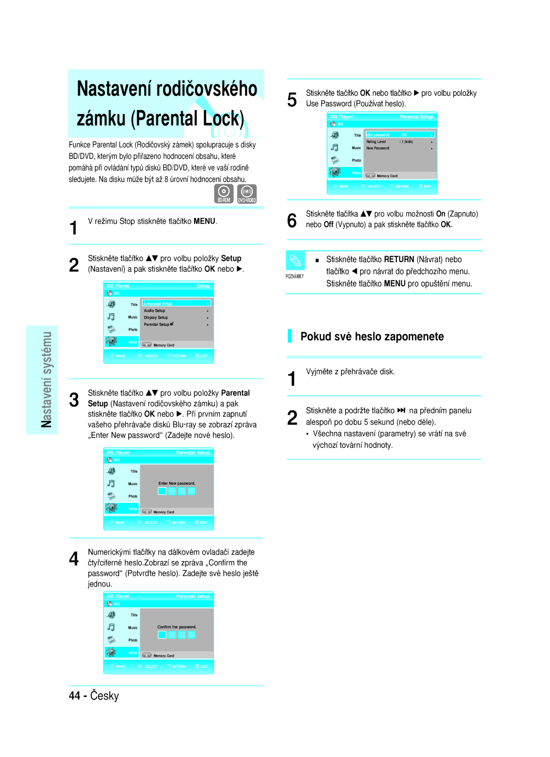 Samsung BD-P1000/XET, BD-P1000/XEG manual Nastavení rodiãovského zámku Parental Lock, Pokud své heslo zapomenete, 44 âesky 