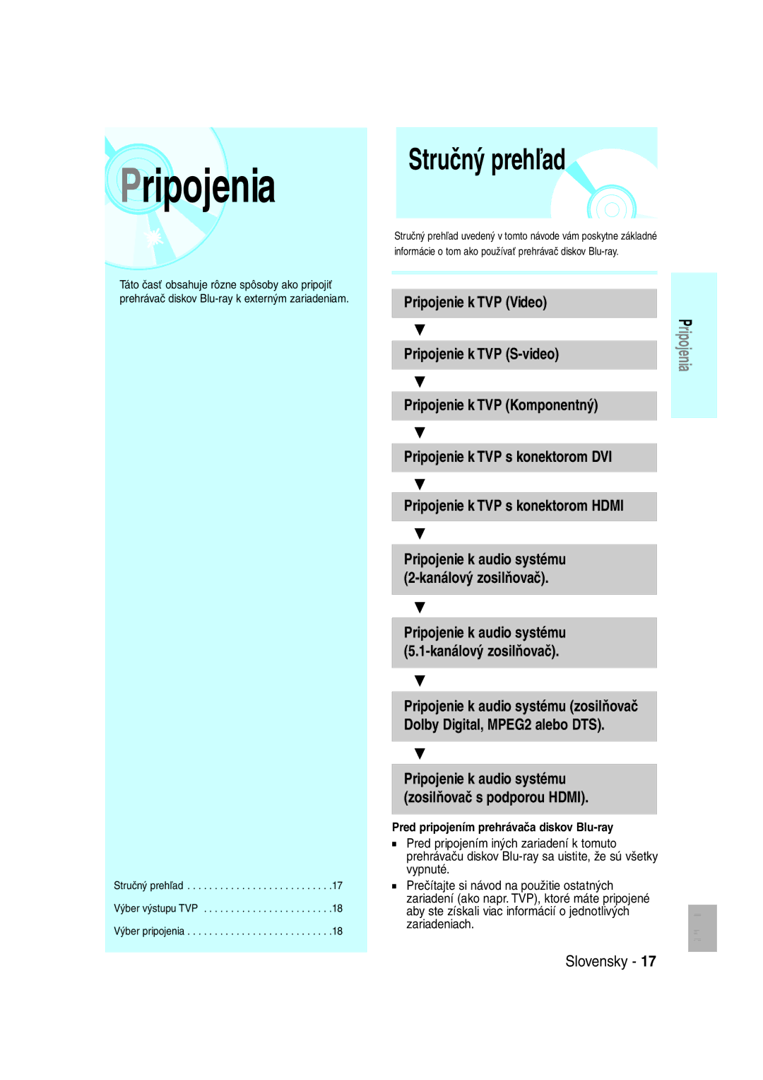 Samsung BD-P1000/XEG, BD-P1000/XET, BD-P1000/XEN, BD-P1000/XEL, BD-P1000/XEH, BD-P1000/XEO manual Pripojenia, Stručný prehľad 