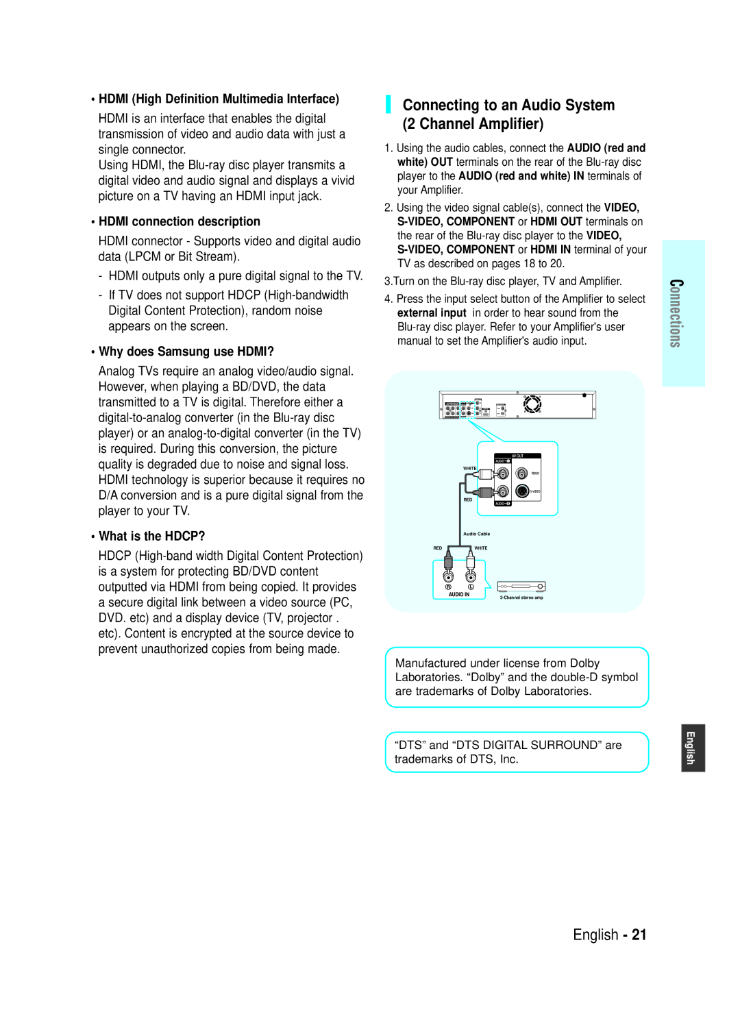 Samsung BD-P1000/XEH, BD-P1000/XEG manual Connecting to an Audio System 2 Channel Amplifier, Hdmi connection description 