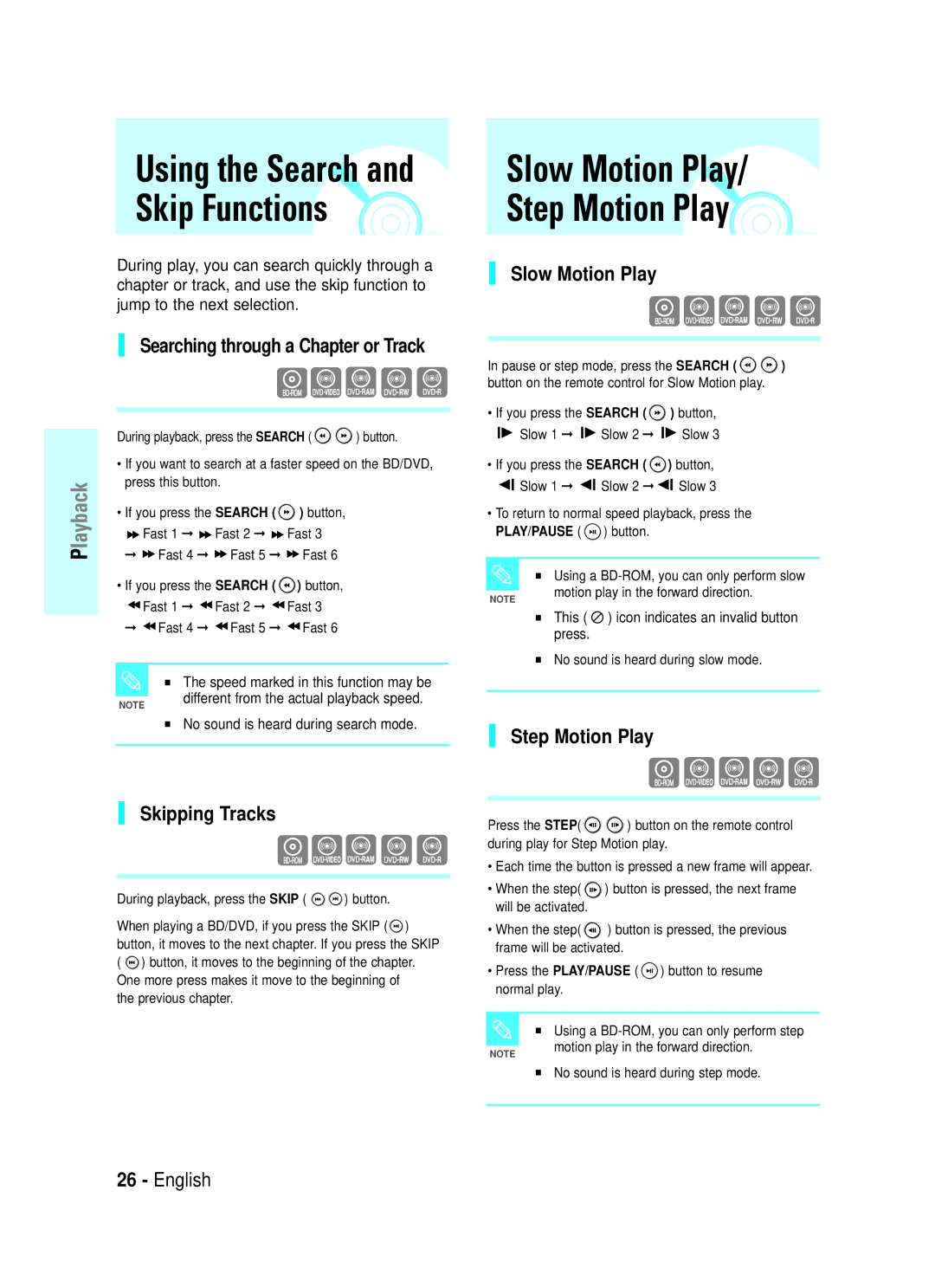 Samsung BD-P1000/XEL manual Using the Search and Skip Functions, Slow Motion Play, Skipping Tracks, Step Motion Play 